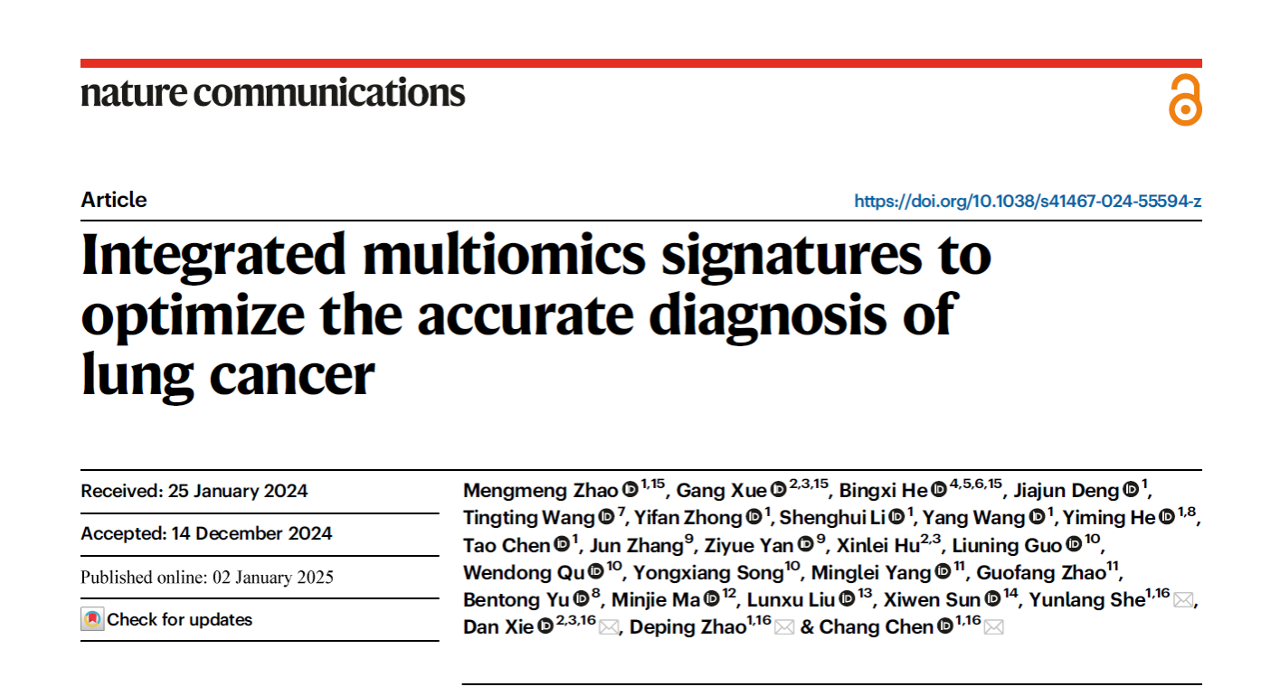 Nature Commun: 同济大学陈昶教授团队研究利用人工智能多组学技术开发早期肺癌无创诊断新方法