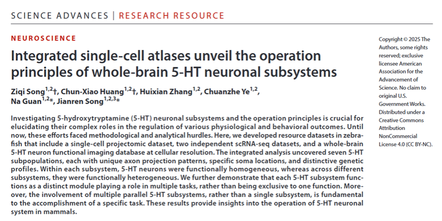 Science Advances | 同济大学宋建人教授团队揭示全脑5-HT神经元的亚群分类及运行原理