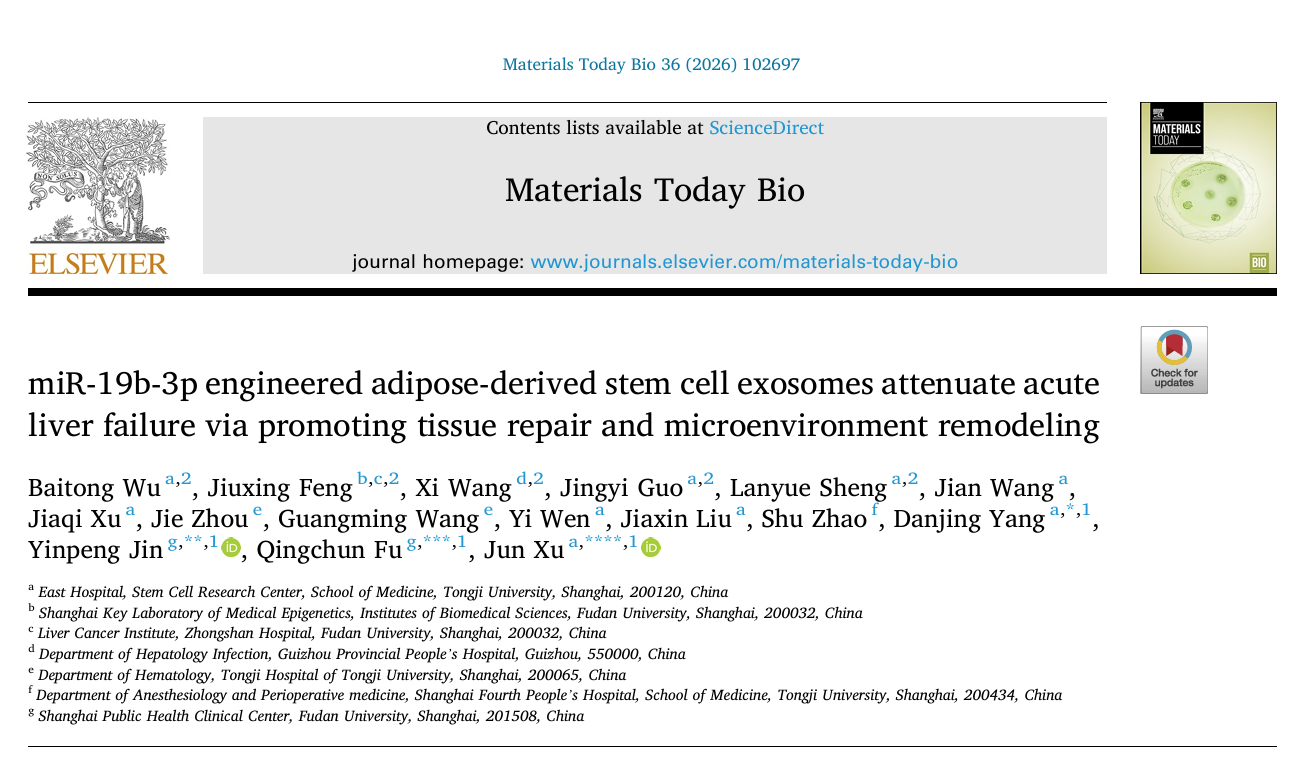 Material Today Bio | 徐俊团队工程化人脂肪干细胞来源的外泌体搭载miR-19b-3p，为急性肝衰竭治疗提供新策略